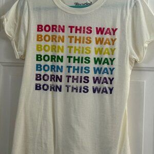 recycled Karma tee, made in Mexico. 100% cotton, Cream multi color writing